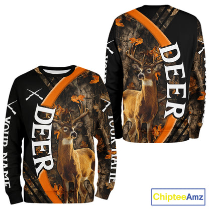 Whitetail Deer Hunting Shirt Custom Name Orange Autumn Leaves Camo, Season Hunting Hoodies For Men NBT307