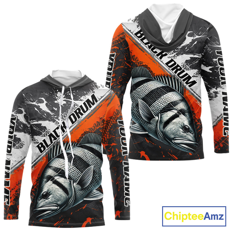 Custom Orange Camo Black Drum Jerseys For Fishing Team Long Sleeve Hooded Fishing Shirts NBT457