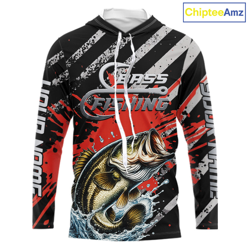 Custom Largemouth Bass Long Sleeve Hooded Tournament Fishing Shirts, Largemouth Fishing Jerseys NBT712