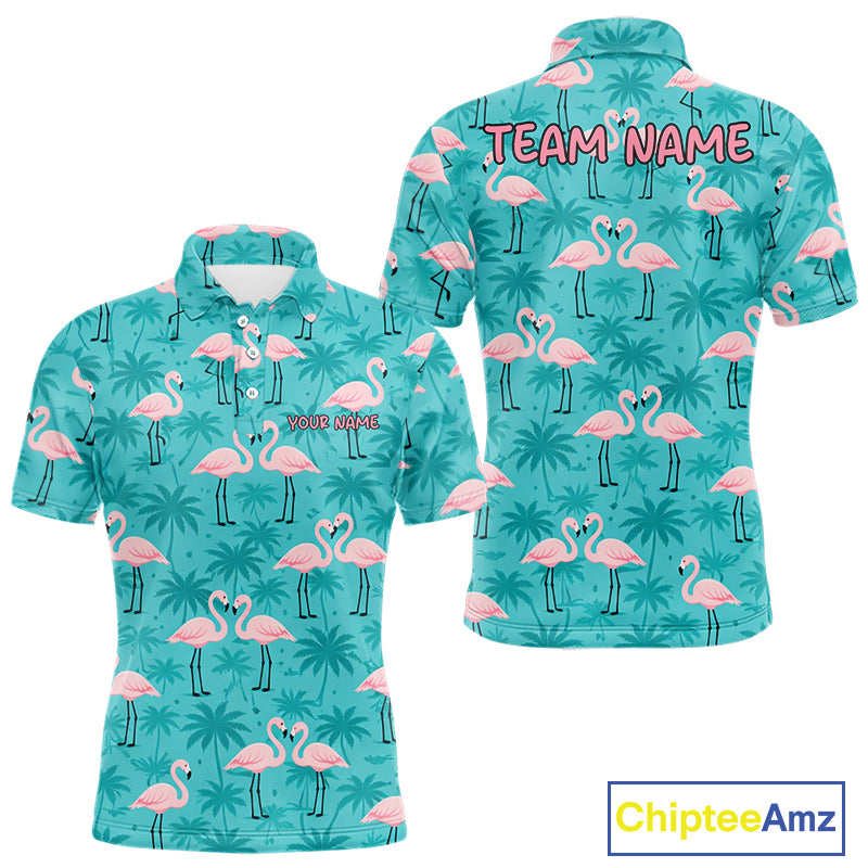 Mens Golf Polo Shirt Pink Flamingo Tropical Leaves Pattern Custom Team Flamingo Golf Polo Shirts NBT592