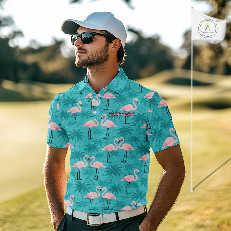 Mens Golf Polo Shirt Pink Flamingo Tropical Leaves Pattern Custom Team Flamingo Golf Polo Shirts NBT592