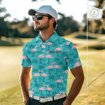 Mens Golf Polo Shirt Pink Flamingo Tropical Leaves Pattern Custom Team Flamingo Golf Polo Shirts NBT592
