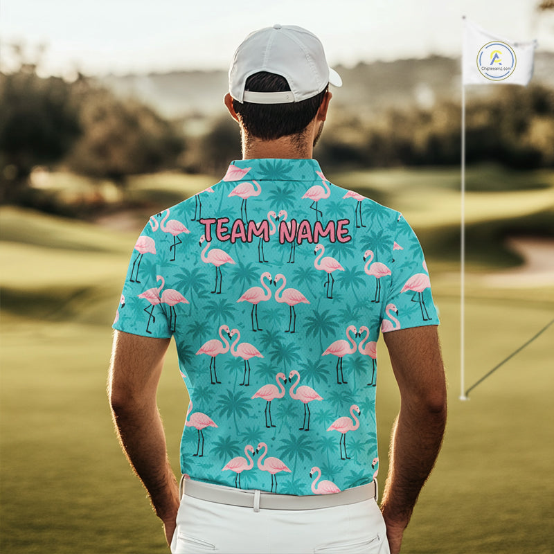 Mens Golf Polo Shirt Pink Flamingo Tropical Leaves Pattern Custom Team Flamingo Golf Polo Shirts NBT592