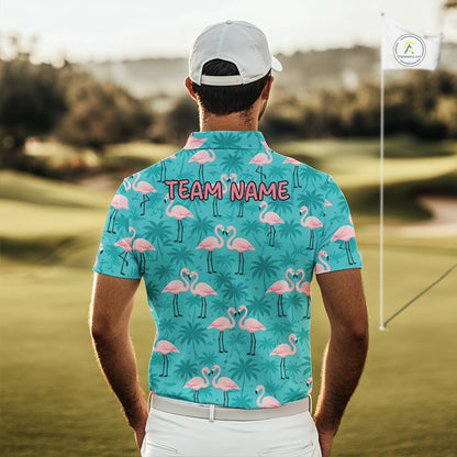 Mens Golf Polo Shirt Pink Flamingo Tropical Leaves Pattern Custom Team Flamingo Golf Polo Shirts NBT592