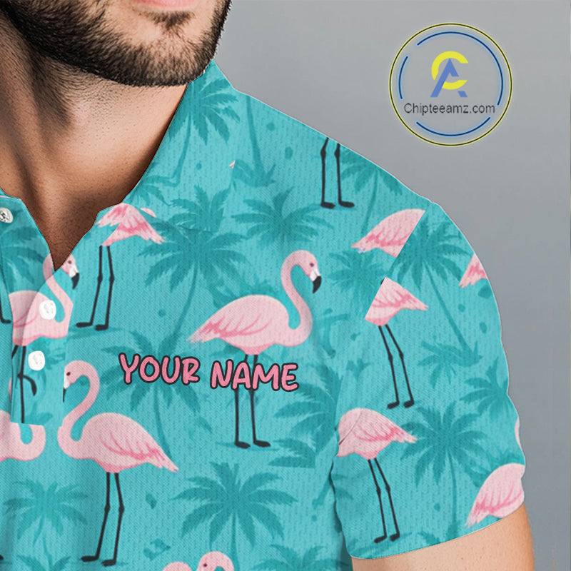 Mens Golf Polo Shirt Pink Flamingo Tropical Leaves Pattern Custom Team Flamingo Golf Polo Shirts NBT592