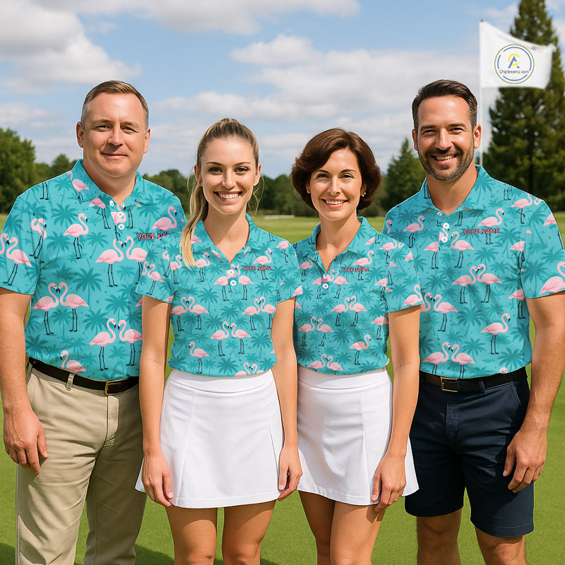 Mens Golf Polo Shirt Pink Flamingo Tropical Leaves Pattern Custom Team Flamingo Golf Polo Shirts NBT592