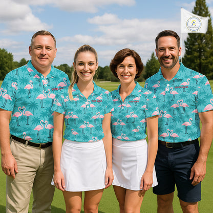 Mens Golf Polo Shirt Pink Flamingo Tropical Leaves Pattern Custom Team Flamingo Golf Polo Shirts NBT592