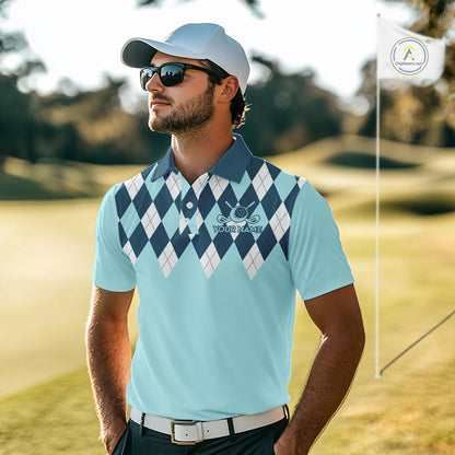 Blue Argyle Plaid Pattern Mens Golf Polo Shirt Custom Golf Polo Shirt For Men, Golfing Gifts NBT593
