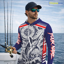 Load image into Gallery viewer, Angler wearing personalized Marlin blue long sleeve hooded performance fishing shirt on the boat 