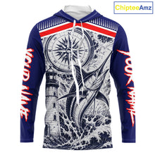 Load image into Gallery viewer, Front view of personalized Marlin blue long sleeve hooded performance fishing shirt with compass design