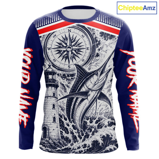 Front view of personalized Marlin blue long sleeve performance fishing shirt with compass design