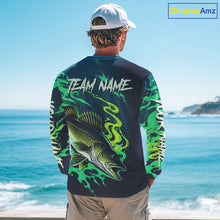 Load image into Gallery viewer, Angler wearing custom Walleye fishing green camo long sleeve shirt on the boat - back view with team name on the back
