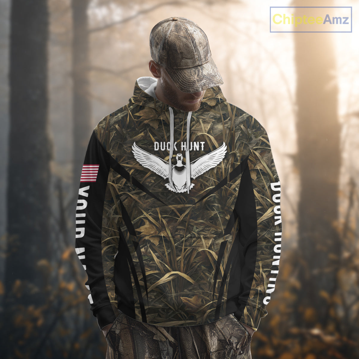 Best Duck Hunting Camouflage with US Flag Detail 3D Printed Shirts, Duck Hunting Gifts NBT205