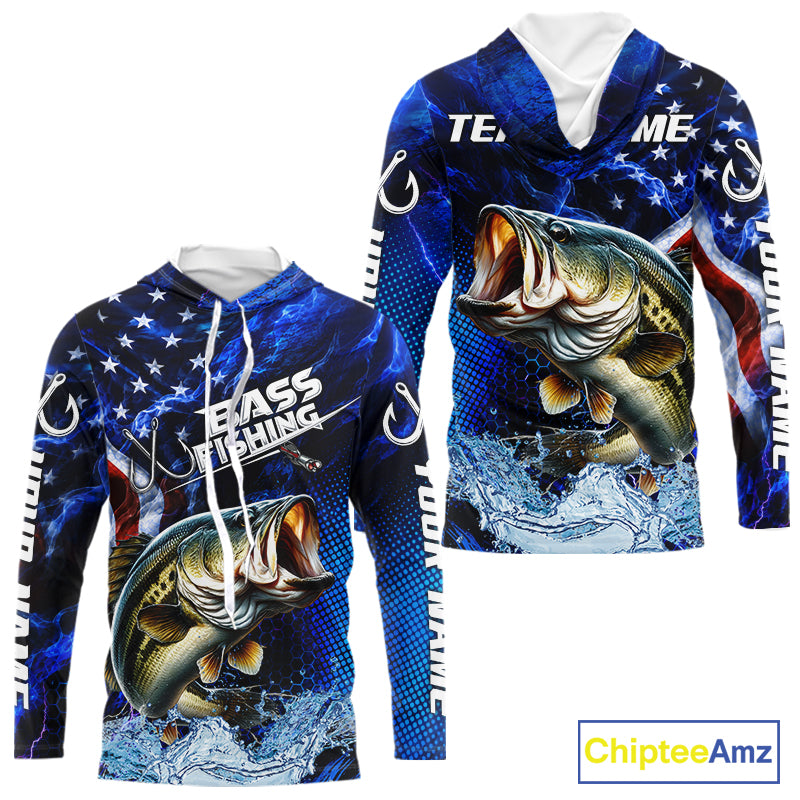 Custom American Flag Bass Long Sleeve Hooded Fishing Shirts, Patriotic Blue Flame Bass Fishing Jerseys NBT979