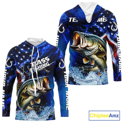 Custom American Flag Bass Long Sleeve Hooded Fishing Shirts, Patriotic Blue Flame Bass Fishing Jerseys NBT979