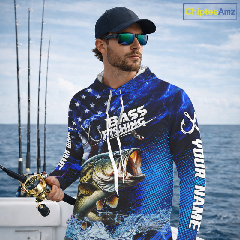 Custom American Flag Bass Long Sleeve Hooded Fishing Shirts, Patriotic Blue Flame Bass Fishing Jerseys NBT979