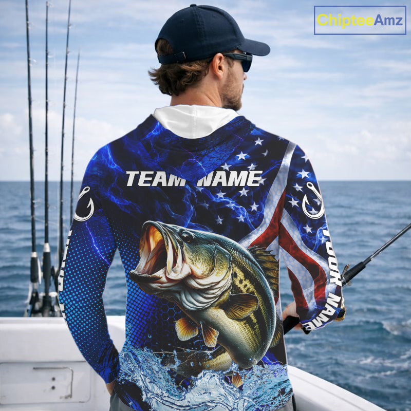 Custom American Flag Bass Long Sleeve Hooded Fishing Shirts, Patriotic Blue Flame Bass Fishing Jerseys NBT979