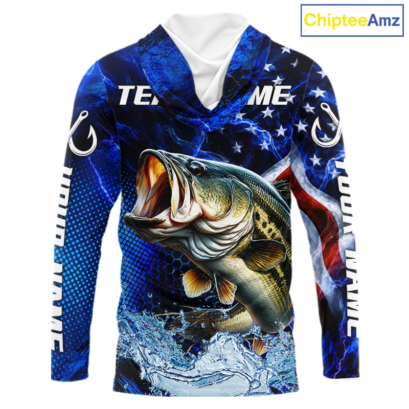 Custom American Flag Bass Long Sleeve Hooded Fishing Shirts, Patriotic Blue Flame Bass Fishing Jerseys NBT979
