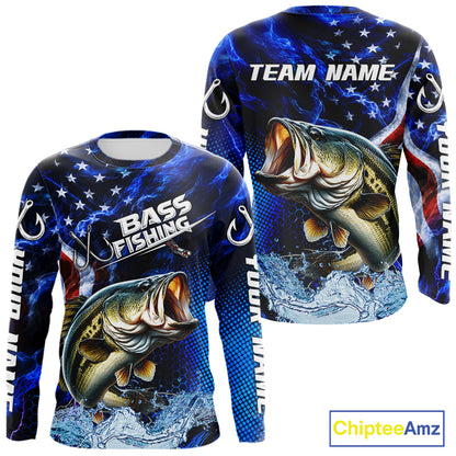 Custom American Flag Bass Long Sleeve Fishing Shirts, Patriotic Blue Flame Bass Fishing Jerseys NBT979
