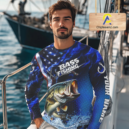 Custom American Flag Bass Long Sleeve Fishing Shirts, Patriotic Blue Flame Bass Fishing Jerseys NBT979