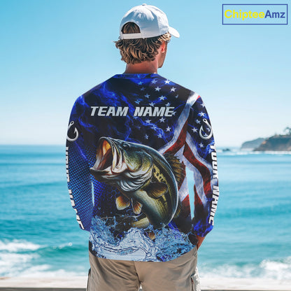 Custom American Flag Bass Long Sleeve Fishing Shirts, Patriotic Blue Flame Bass Fishing Jerseys NBT979