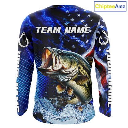 Custom American Flag Bass Long Sleeve Fishing Shirts, Patriotic Blue Flame Bass Fishing Jerseys NBT979