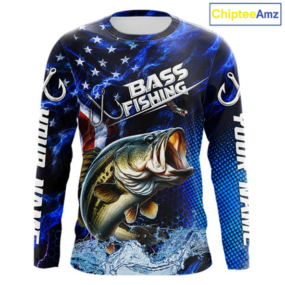 Custom American Flag Bass Long Sleeve Fishing Shirts, Patriotic Blue Flame Bass Fishing Jerseys NBT979