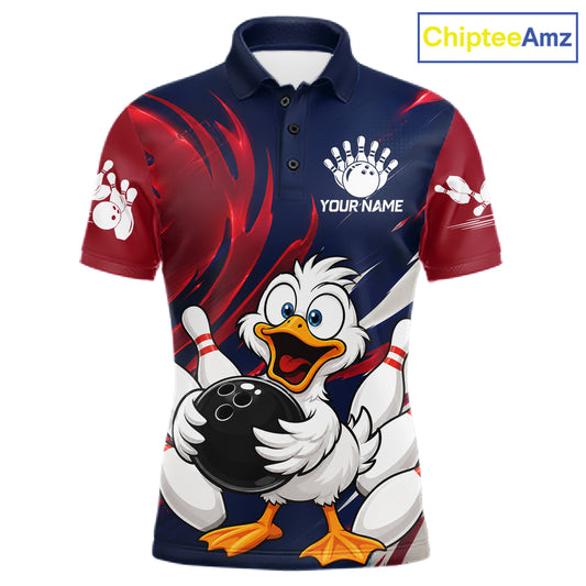 Custom Funny Red Blue Duck Mens Bowling Jersey Polo & 1/4 Quarter Zip, Duck Bowling Team Shirts NBT980