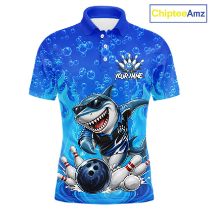 Custom Funny Blue Shark Bowling Polo Shirts For Men, Shark Bowling Team Shirt NBT981