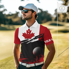 Load image into Gallery viewer, Man wearing Canada Flag Patriotic Golf Polo Shirt on golf course, red white Canada flag design, tailored fit breathable polyester, custom name shirt