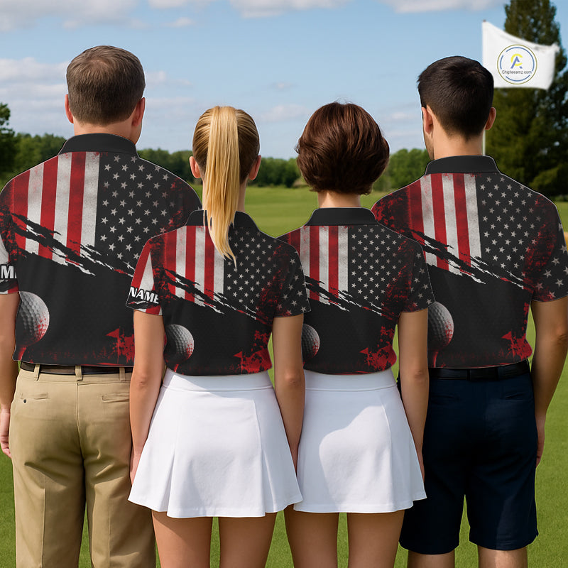 American Flag Patriotic Mens Golf Polo Shirt for team golf group - multiple golfers wearing red white Amẻican flag Polo shirts, custom name available