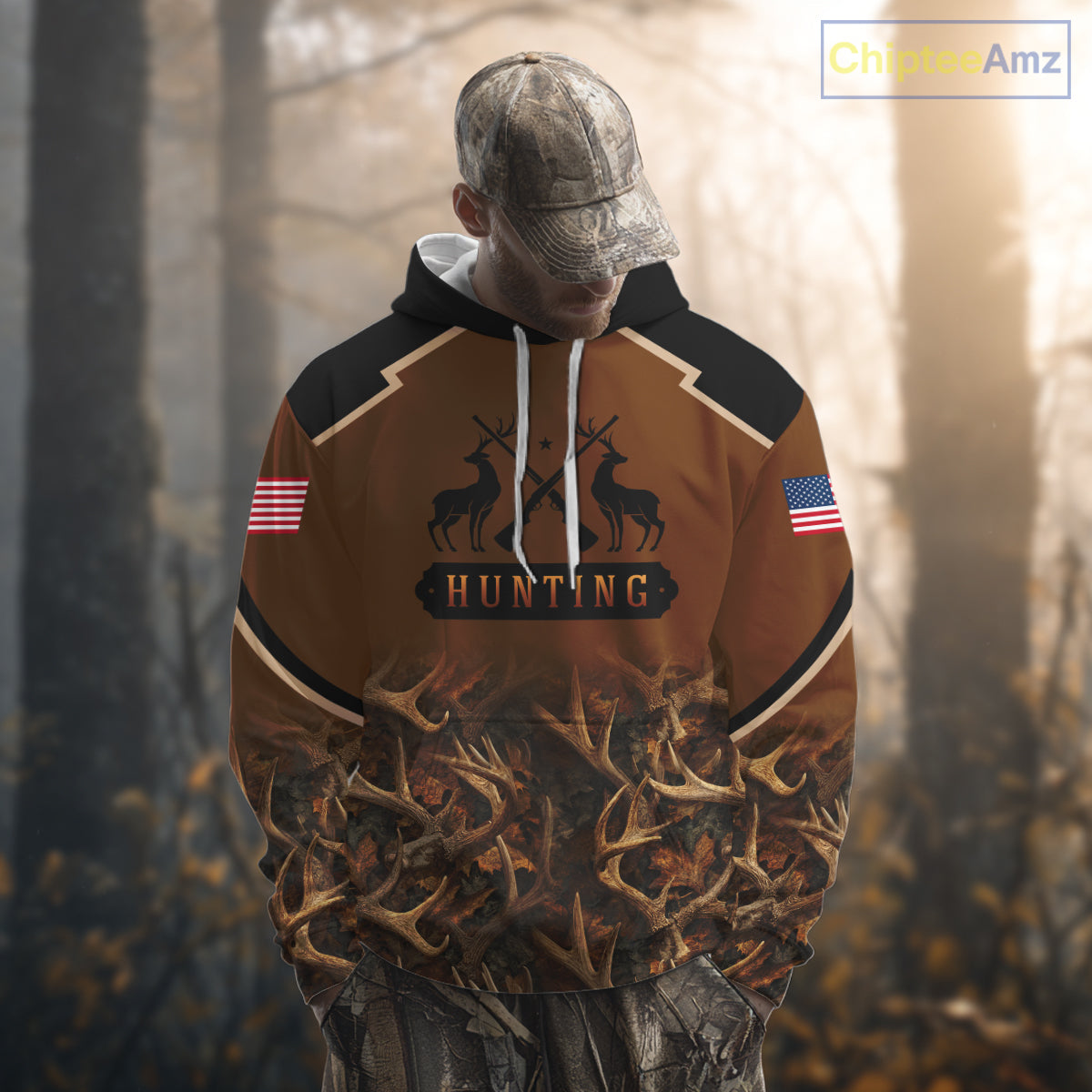 Brown Camo Deer Hunting American Flag 3D All Over Printed Shirt for Men NBT223
