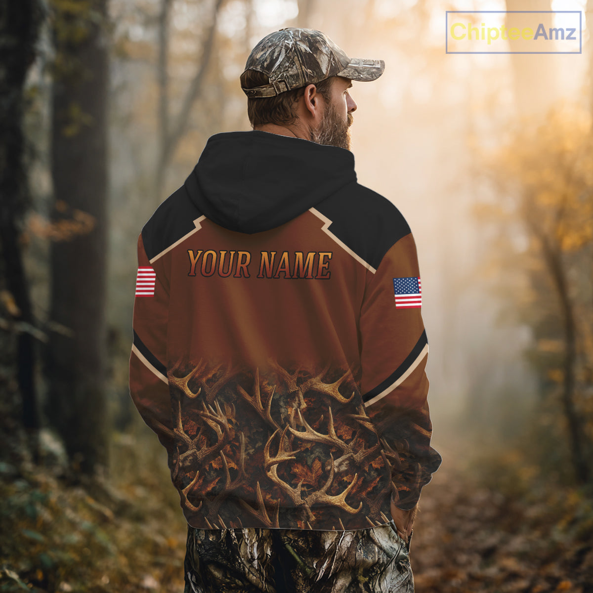 Brown Camo Deer Hunting American Flag 3D All Over Printed Shirt for Men NBT223