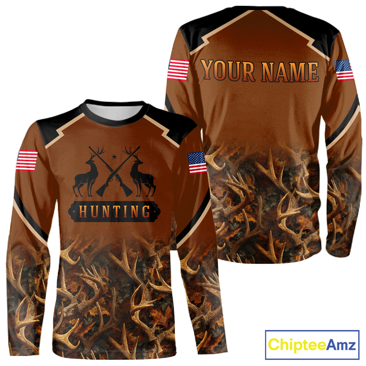 Brown Camo Deer Hunting American Flag 3D All Over Printed Shirt for Men NBT223