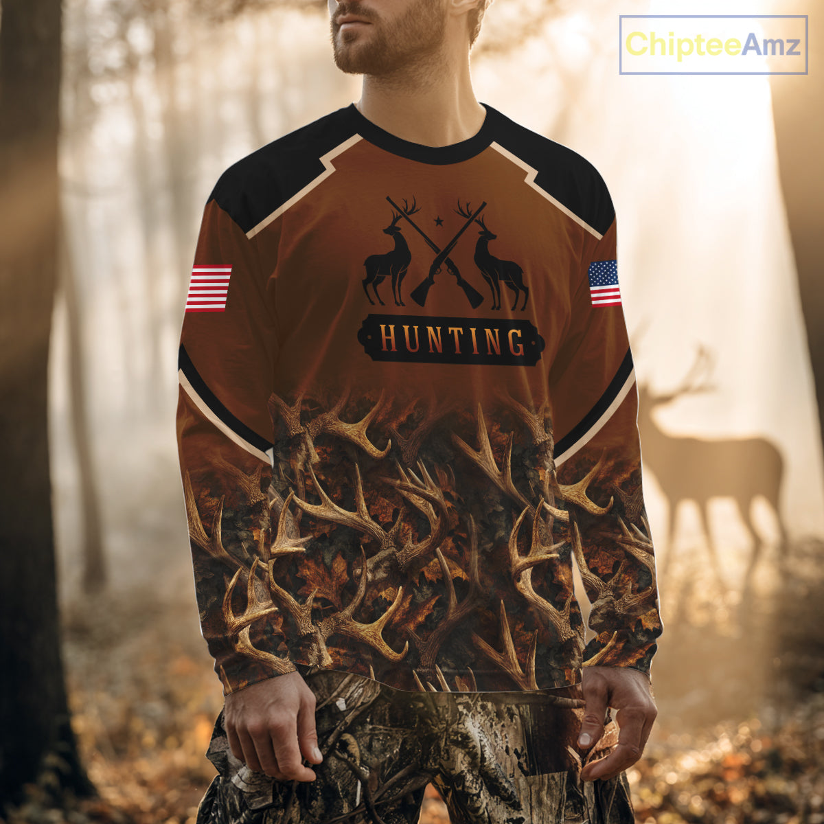 Brown Camo Deer Hunting American Flag 3D All Over Printed Shirt for Men NBT223