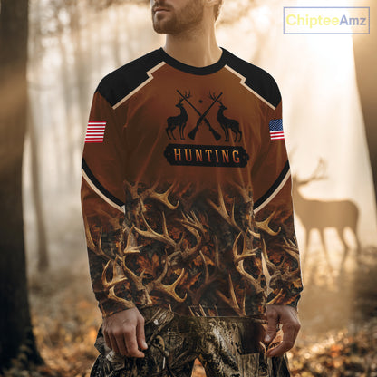 Brown Camo Deer Hunting American Flag 3D All Over Printed Shirt for Men NBT223