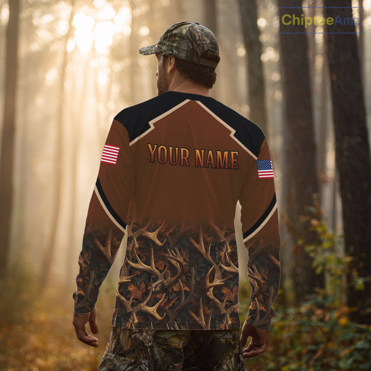 Brown Camo Deer Hunting American Flag 3D All Over Printed Shirt for Men NBT223