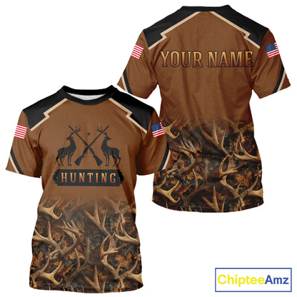 Brown Camo Deer Hunting American Flag 3D All Over Printed Shirt for Men NBT223