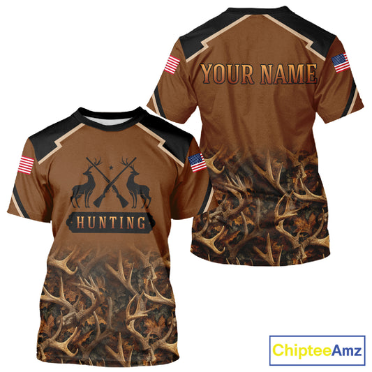 Brown Camo Deer Hunting American Flag 3D All Over Printed Shirt for Men NBT223
