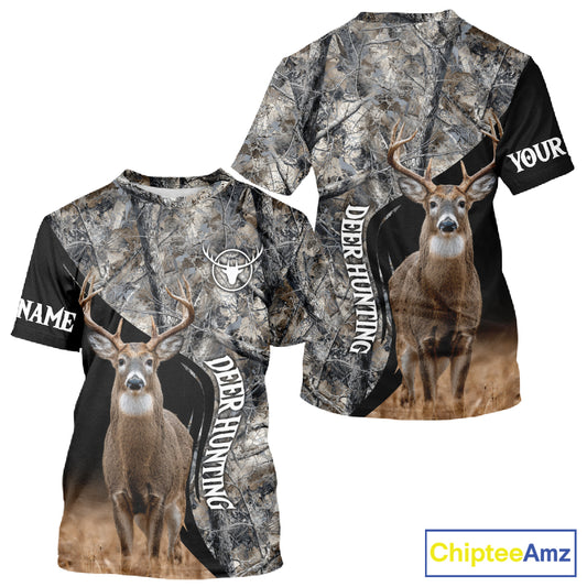 Winter Whitetail Deer Camo Customize Name 3D All Over Printed Long Sleeve Hunting Shirts for Men NBT332