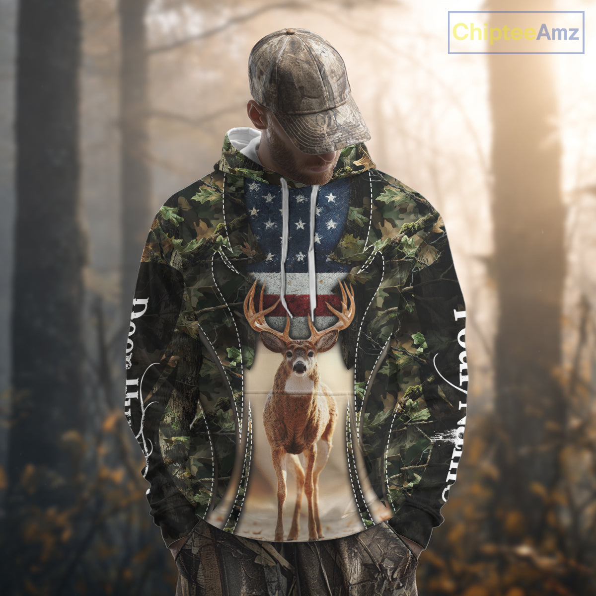 Patriotic Green Camo Deer Hunting Shirt – American Flag Whitetail Buck, Custom Name for Men NBT34
