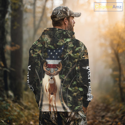 Patriotic Green Camo Deer Hunting Shirt – American Flag Whitetail Buck, Custom Name for Men NBT34