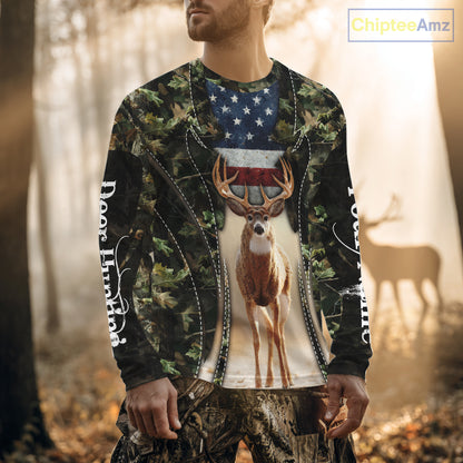 Patriotic Green Camo Deer Hunting Shirt – American Flag Whitetail Buck, Custom Name for Men NBT34