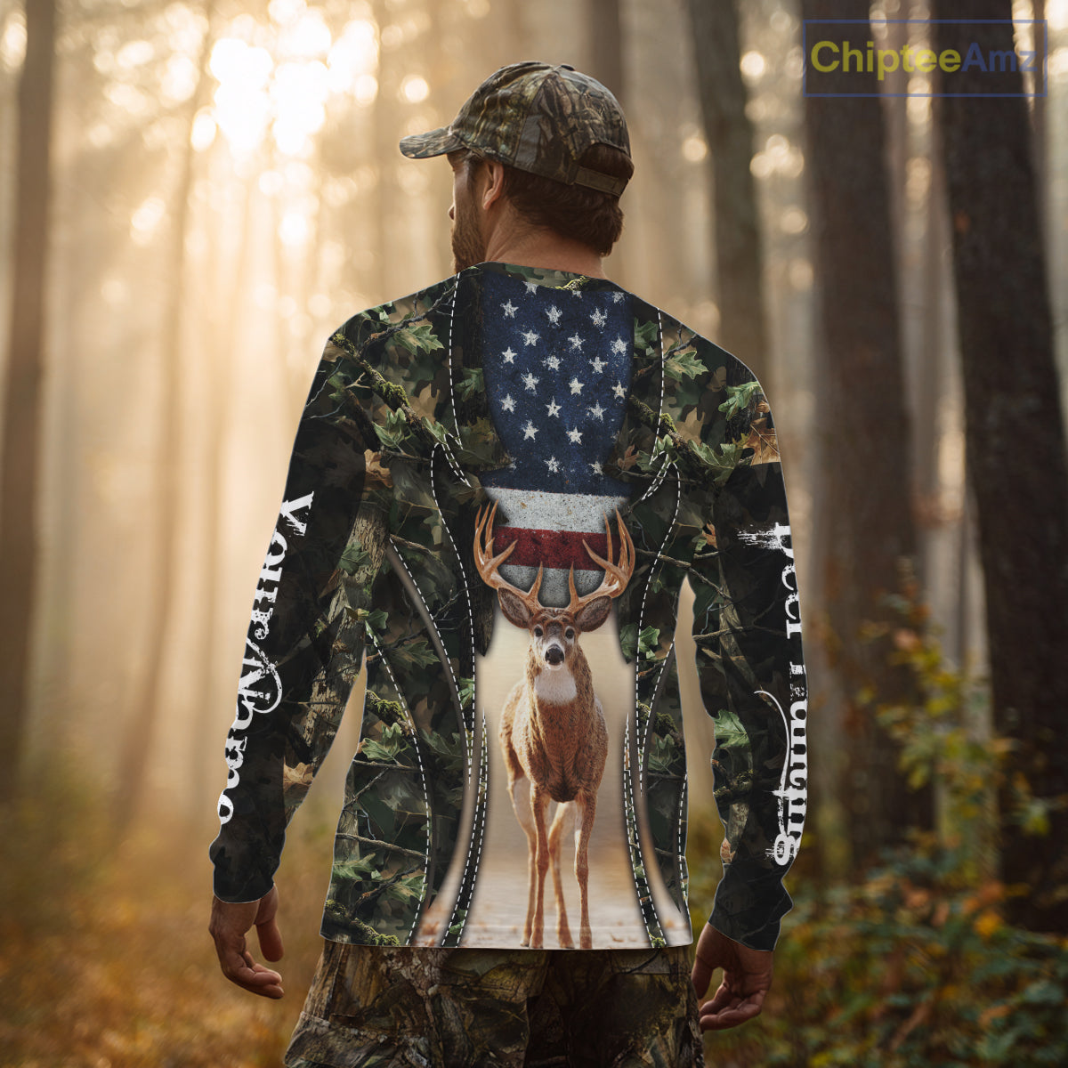 Patriotic Green Camo Deer Hunting Shirt – American Flag Whitetail Buck, Custom Name for Men NBT34