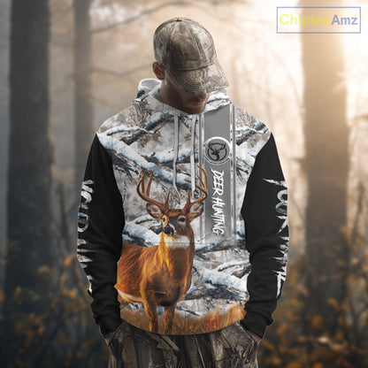Winter Whitetail Deer Camo Hunting Hoodie 3D All Over Printed Long Sleeves Hunting Shirt For Men NBT335