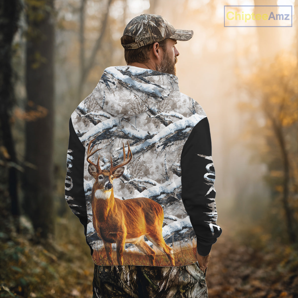 Winter Whitetail Deer Camo Hunting Hoodie 3D All Over Printed Long Sleeves Hunting Shirt For Men NBT335