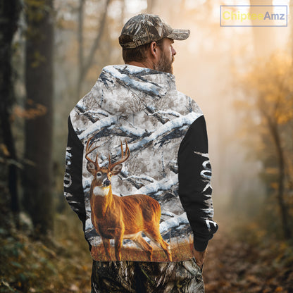 Winter Whitetail Deer Camo Hunting Hoodie 3D All Over Printed Long Sleeves Hunting Shirt For Men NBT335