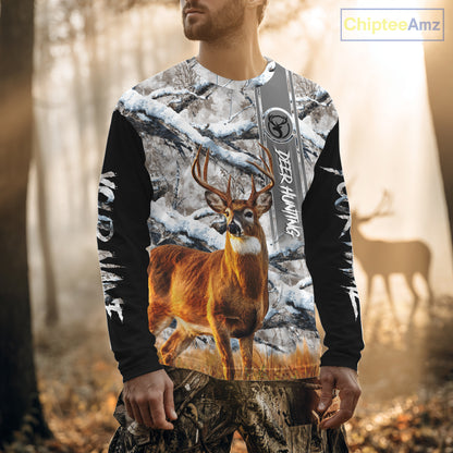 Winter Whitetail Deer Camo Hunting Hoodie 3D All Over Printed Long Sleeves Hunting Shirt For Men NBT335