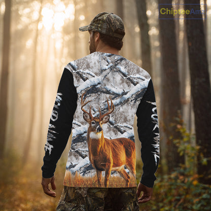 Winter Whitetail Deer Camo Hunting Hoodie 3D All Over Printed Long Sleeves Hunting Shirt For Men NBT335