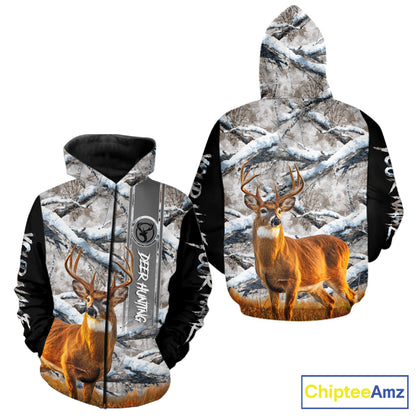 Winter Whitetail Deer Camo Hunting Hoodie 3D All Over Printed Long Sleeves Hunting Shirt For Men NBT335